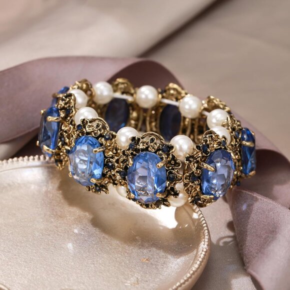 Women's Blue Gold Victorian Style Crystal Simulated Inspired Stretch Bracelet - Picture 4 of 6